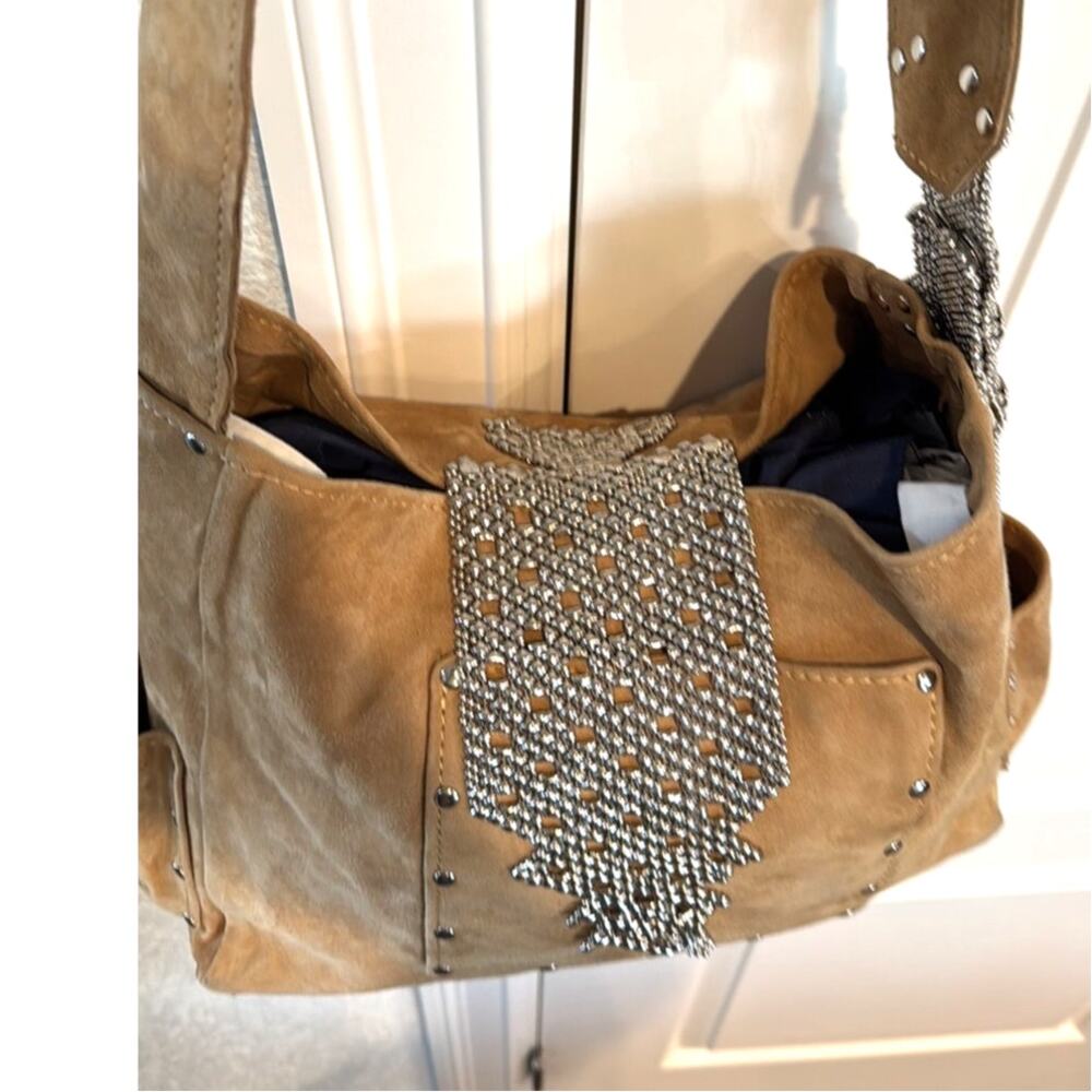 Sergio Gutierrez Liquid Metal collection camel suede crossbody shoulder bag - Picture 5 of 16